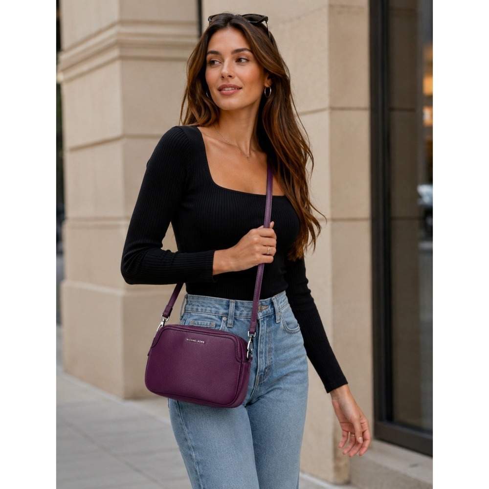 Michael Kors Crossbody Bag Small Plum Purple Saffiano Leather Double Zip #1114